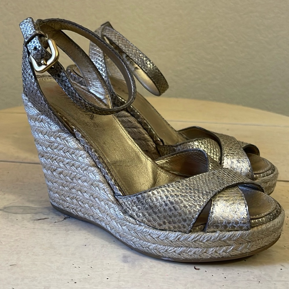 Prada Leather Snakeskin Wedges Espadrille Sandals Ankle Strap Eu 35.5 US 5 ITALY